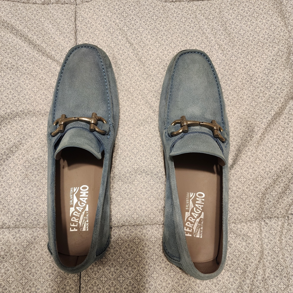 Salvatore Ferragamo Blue Suede Men's Loafers 9EE, Light Blue Denim Color Suade - Picture 3 of 7